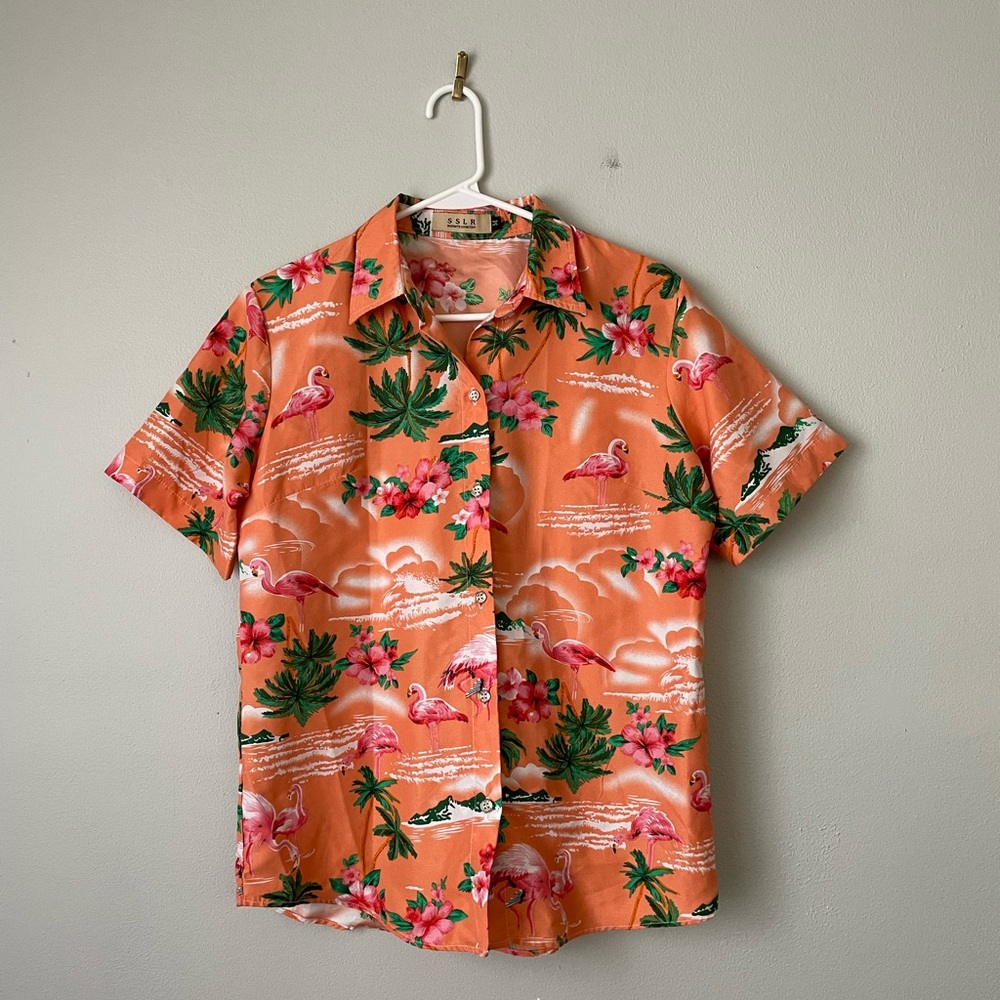 SSLR Women’s Orange Flamingo and Floral Short Sleeve Button Down Top M